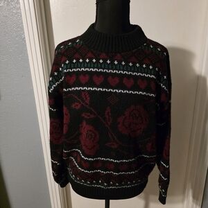 Adele Knit Vintage Black And Red Rose Pullover Sweater Size M